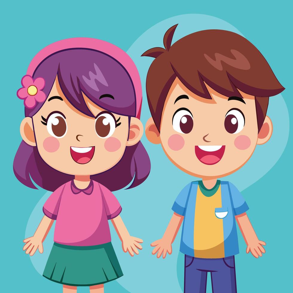 Happy cartoon children smiling and posing together in a bright, cheerful setting during a sunny day at playtime vector
