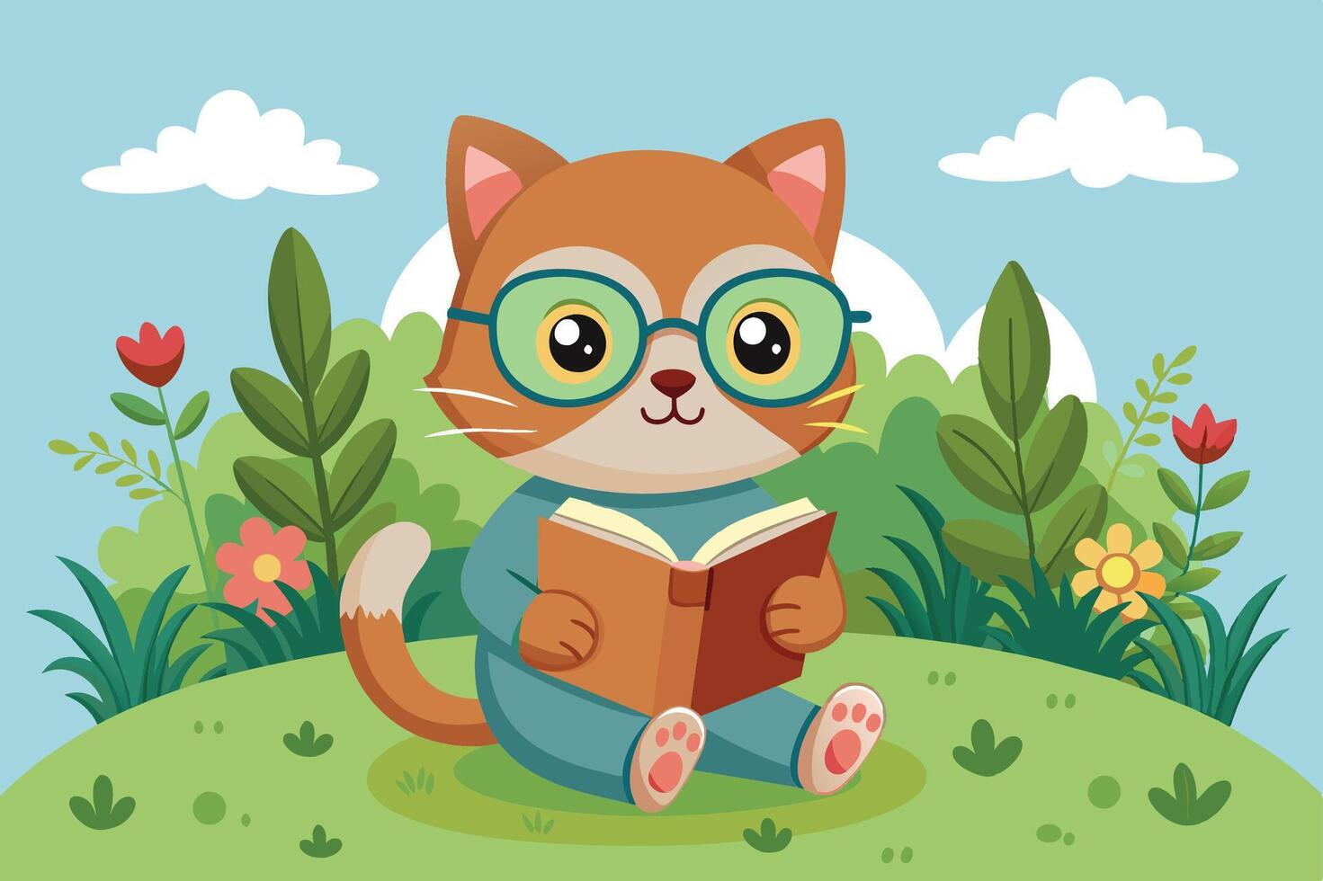 Cute cartoon cat reading a book in a sunny meadow surrounded by flowers and trees during a bright day vector