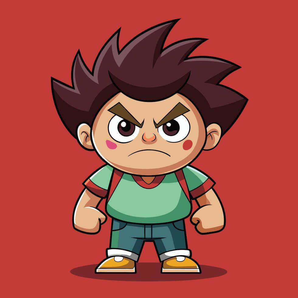 A young boy with spiky hair expresses fierce determination while wearing a superhero-themed outfit against a vibrant red background vector