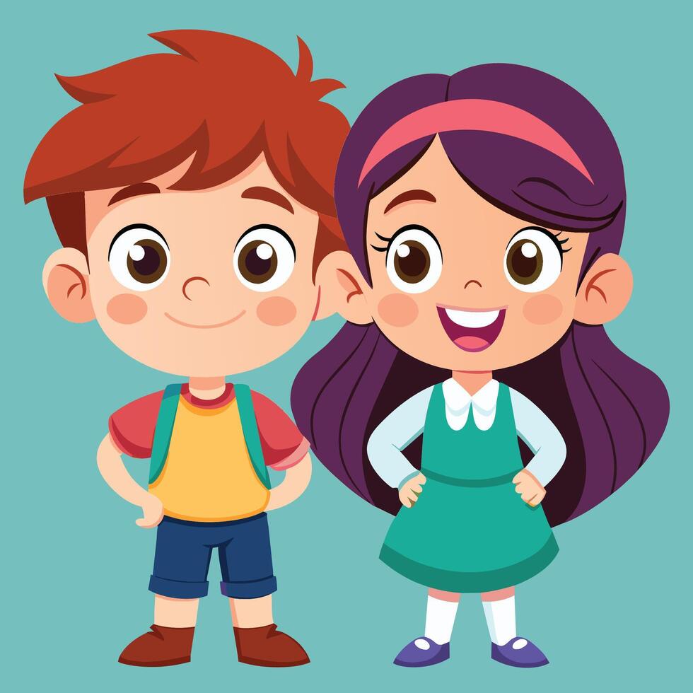 Two cheerful cartoon children standing side by side, smiling, wearing colorful outfits in a light green background setting vector