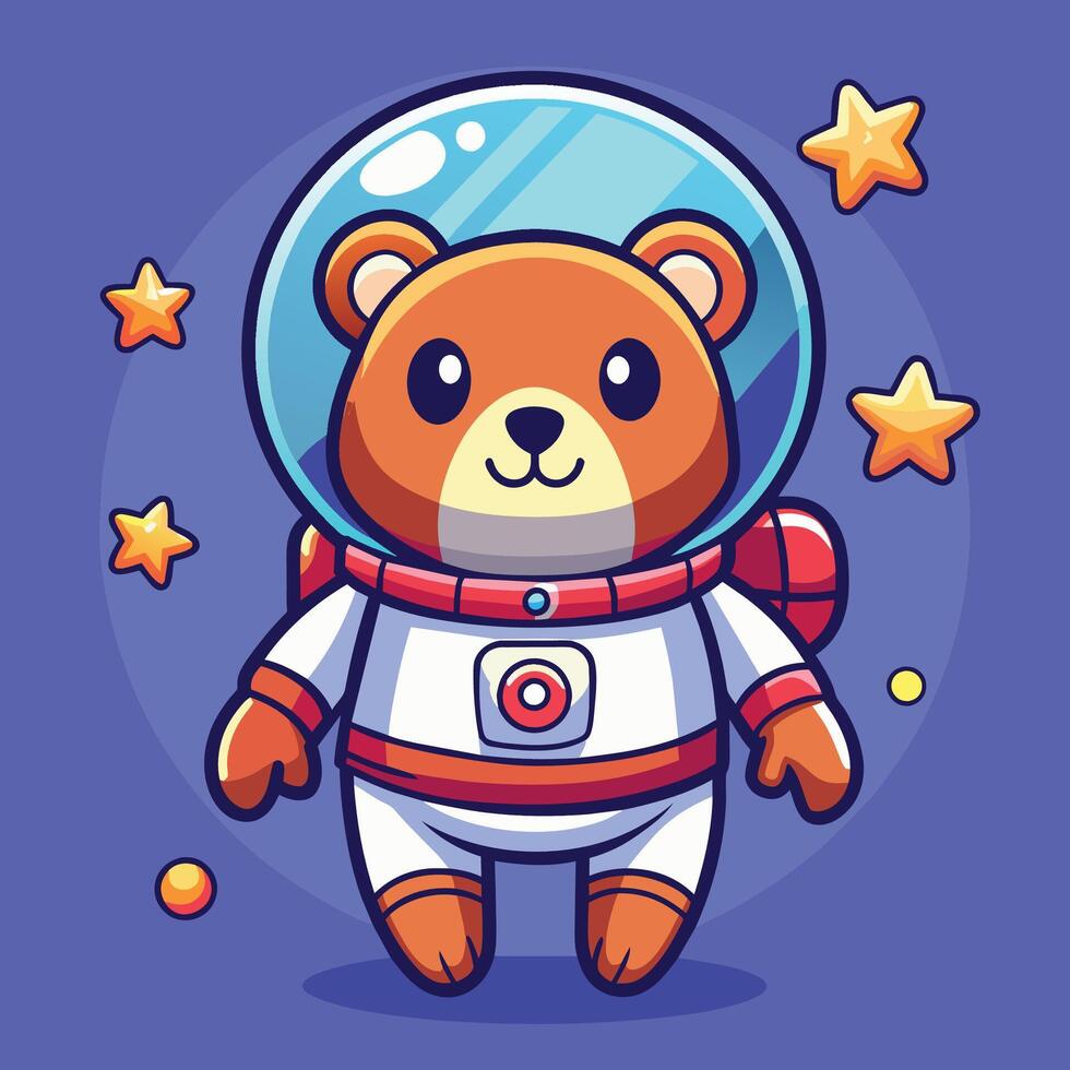 Cute cartoon bear astronaut in a colorful space suit exploring a galaxy filled with stars and planets vector