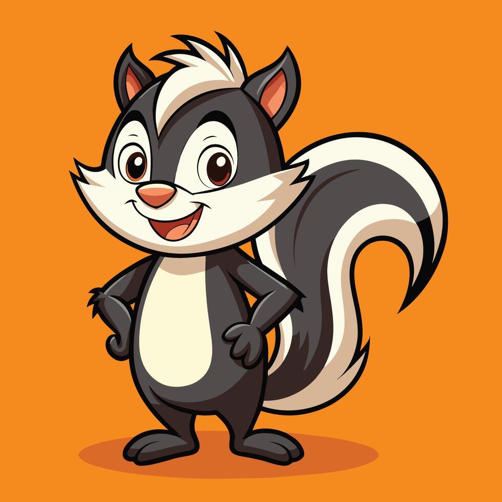 Cute cartoon skunk character with a friendly smile and bushy tail against a bright yellow background vector