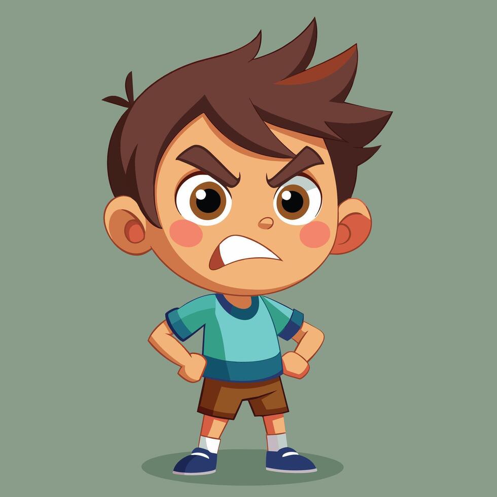 Angry cartoon boy with spiky hair expressing frustration in a simple background vector