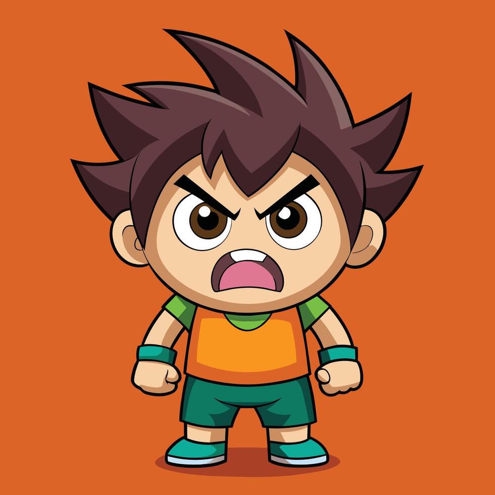 A determined cartoon character with spiky hair and an intense expression stands confidently against a bright red background vector