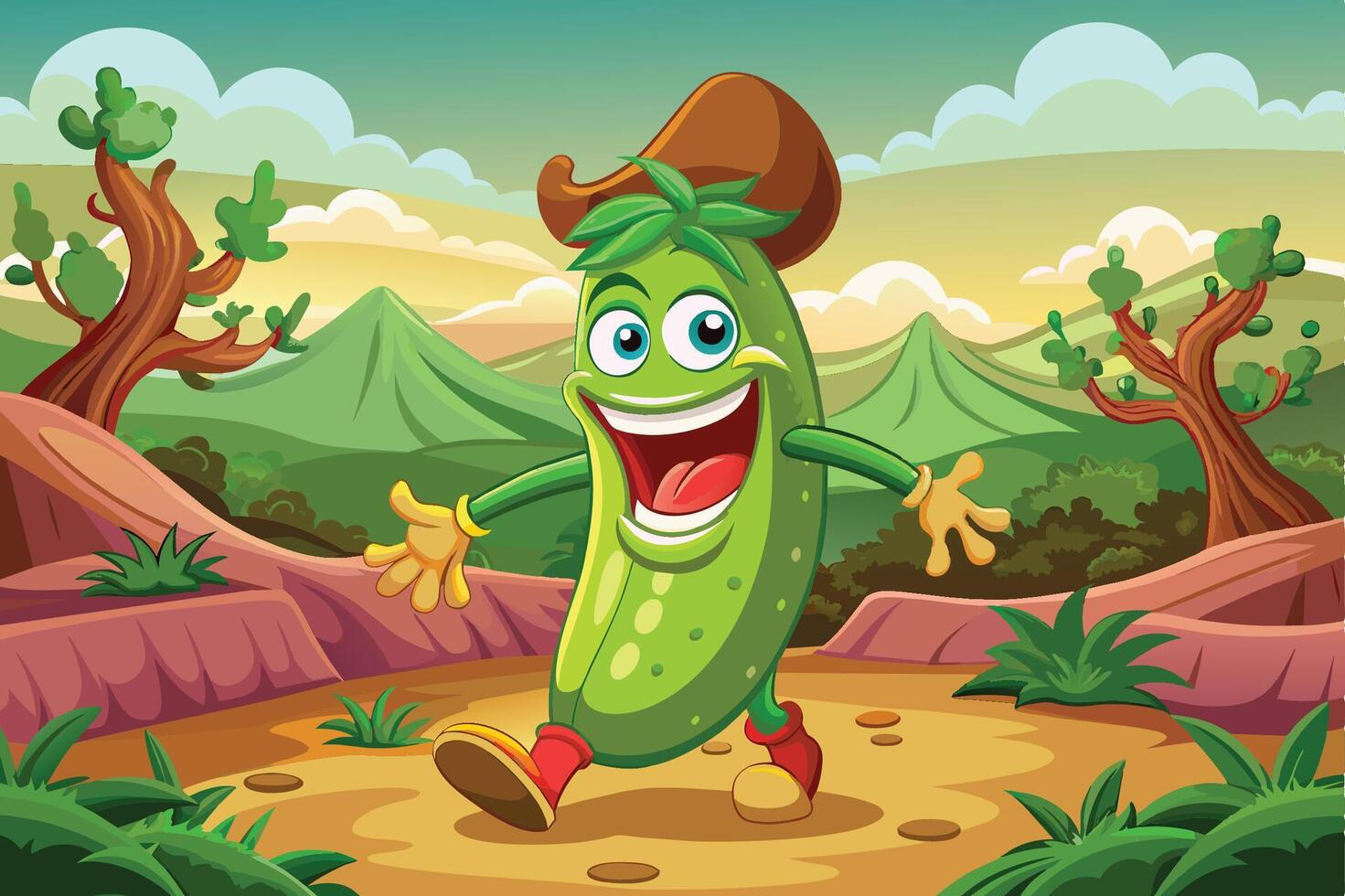 Cheerful cartoon character enjoying a walk in a vibrant outdoor landscape with trees and blue skies, surrounded by lush greenery vector