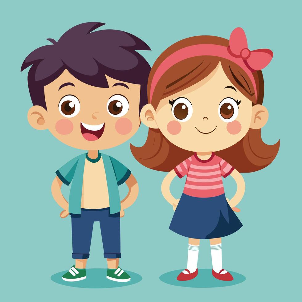 Two cheerful children standing side by side with bright smiles, set against a vibrant blue background, enjoying a playful moment vector