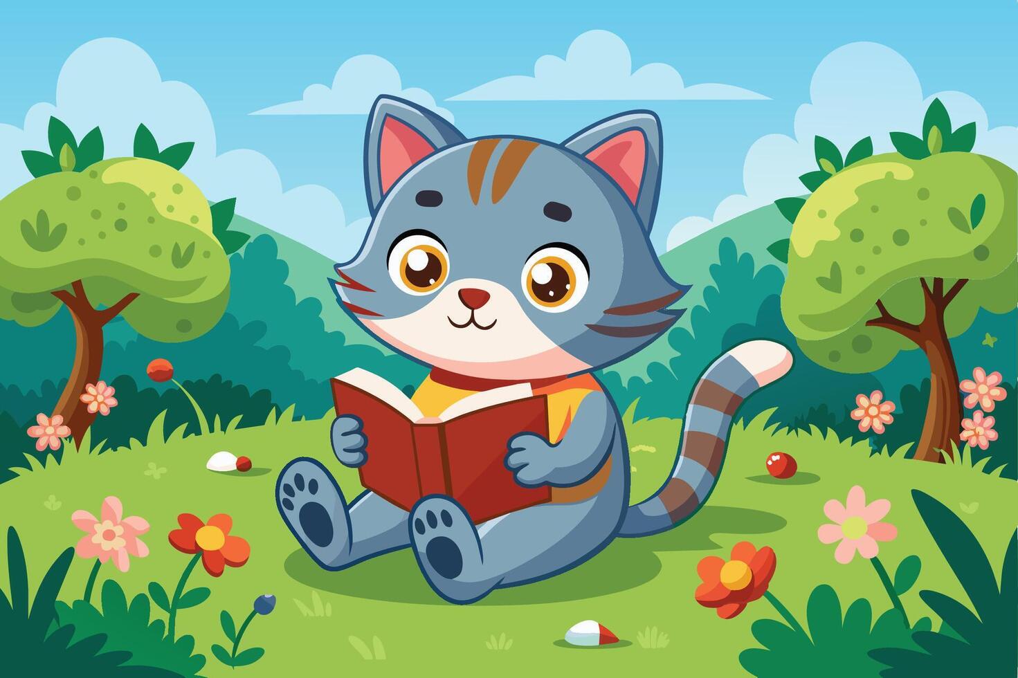 A cute cartoon cat wearing glasses enjoys reading a book in a colorful garden on a sunny day surrounded by flowers and greenery vector