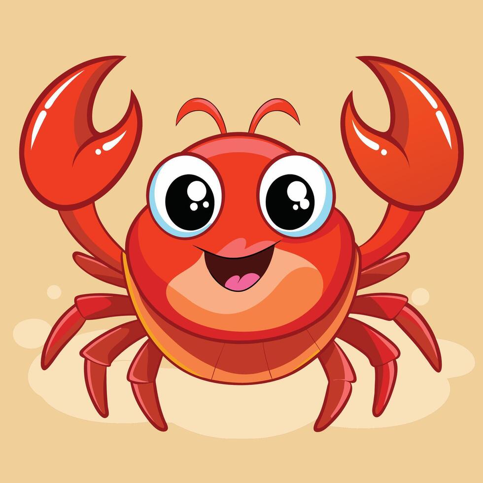 Cheerful cartoon crab with big eyes and claws against a bright yellow background vector