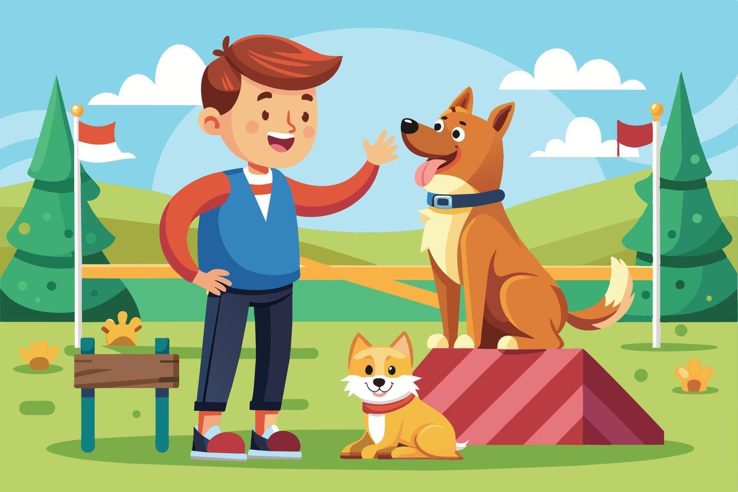A cheerful dog trainer greets a happy golden retriever during an outdoor training session in a sunny park setting vector