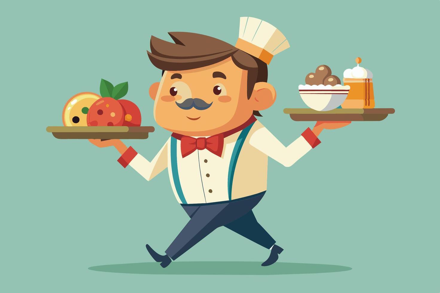 Cheerful waiter serving dessert and drinks at a festive event during the evening vector