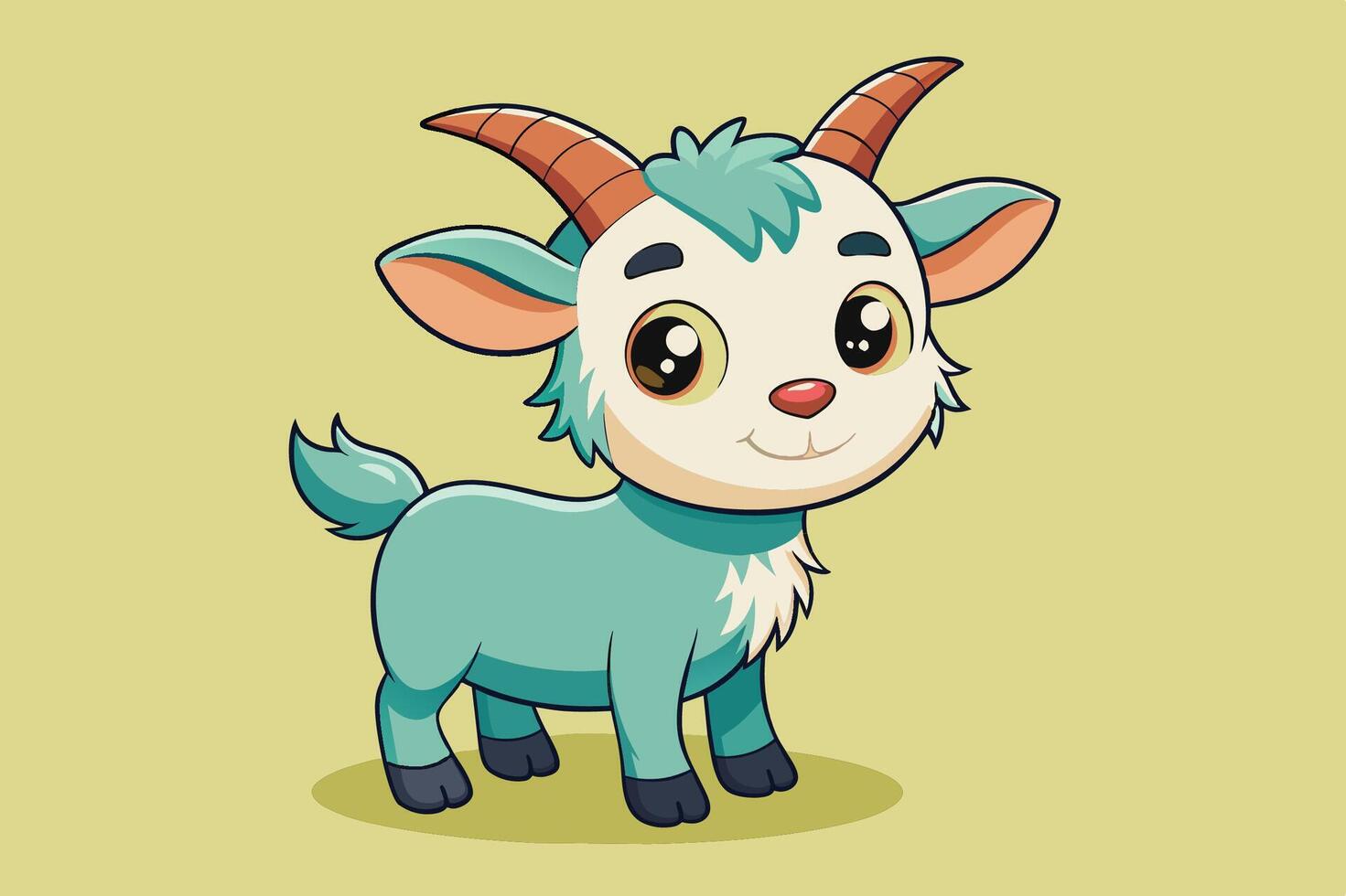 Playful cartoon goat character with big eyes and colorful horns standing on a light green background in a cheerful pose vector