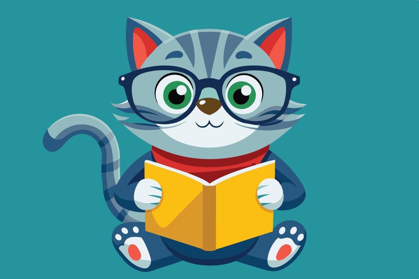A curious cat wearing glasses reads a book while sitting on a light blue background in a cozy environment vector