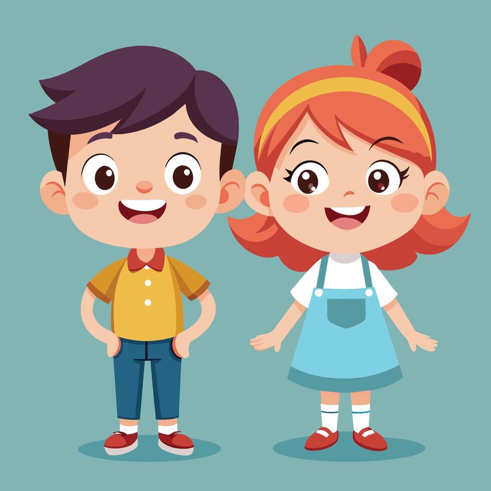 Two cheerful animated children standing together, smiling brightly against a colorful background, dressed in casual summer clothing vector