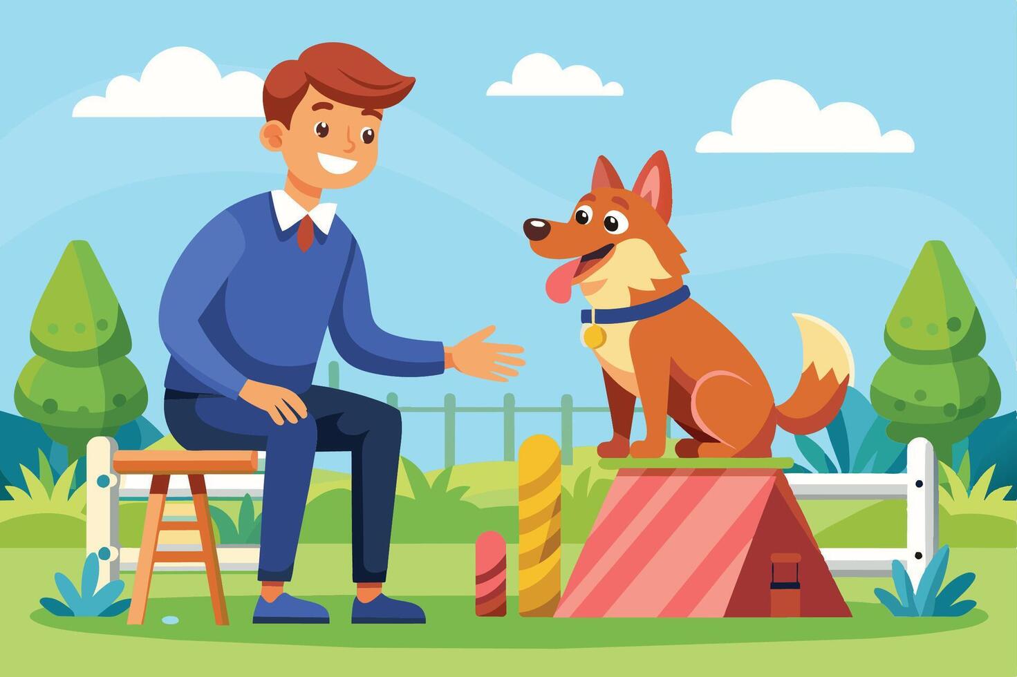 A young boy proudly interacts with two cheerful dogs at a colorful park during a sunny day filled with playful activities vector