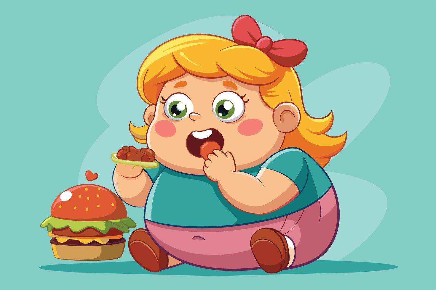 A cheerful young girl enjoys a big hamburger while sitting at a table in a colorful cartoon diner with various food items in the background vector
