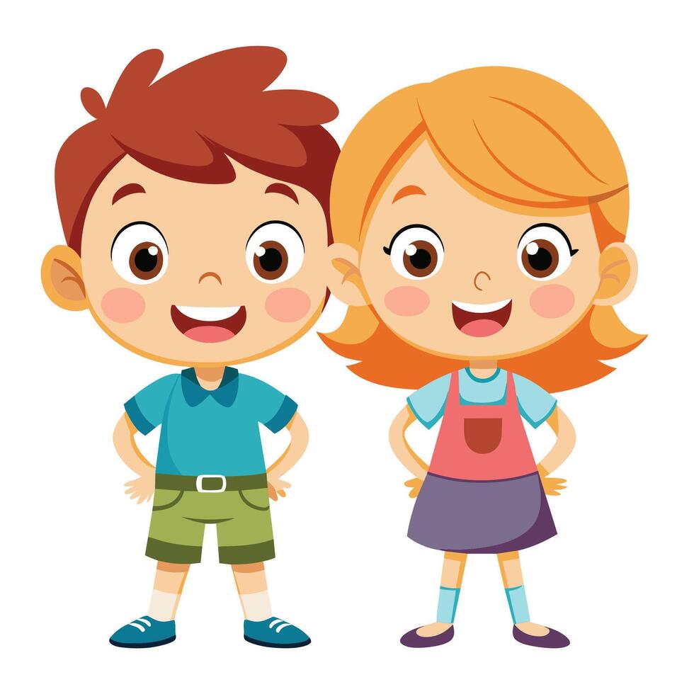 Two cheerful children standing side by side, smiling happily, dressed in colorful outfits on a simple background vector