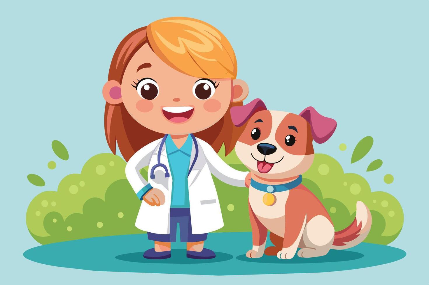 A cheerful young veterinarian with a friendly dog in a bright, playful setting vector