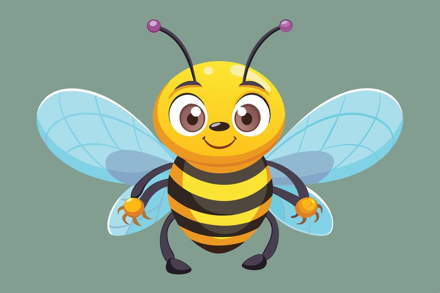 A cheerful cartoon bee with bright yellow and black stripes and large blue wings smiling on a green background in a playful and whimsical style vector
