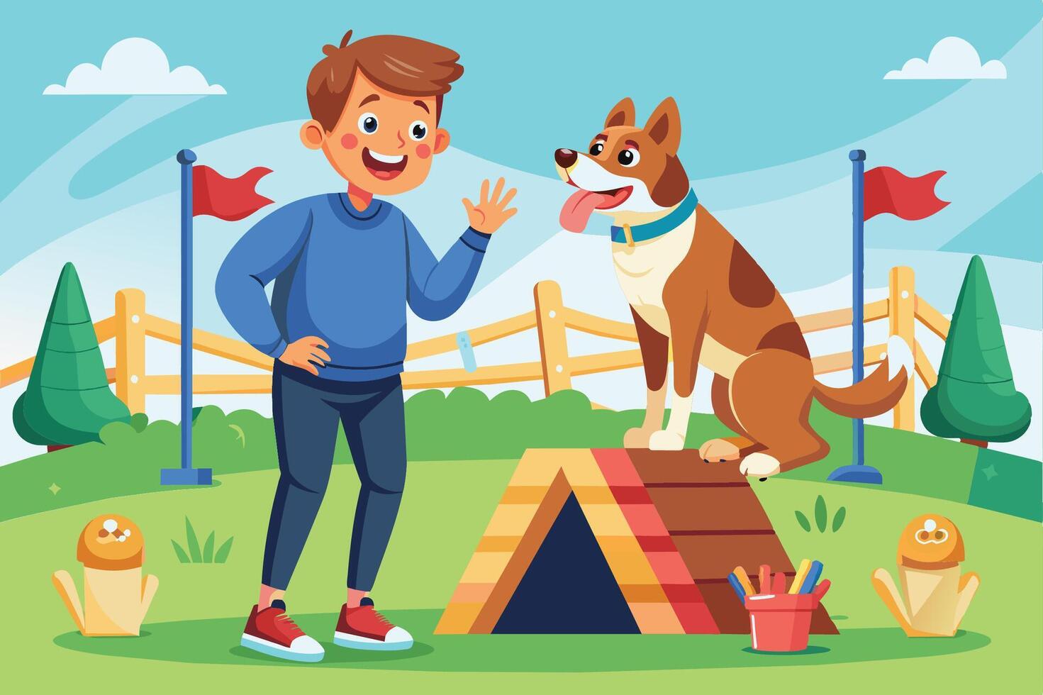 A young boy enjoys training his playful corgi at a vibrant outdoor dog agility course on a sunny day in the countryside vector