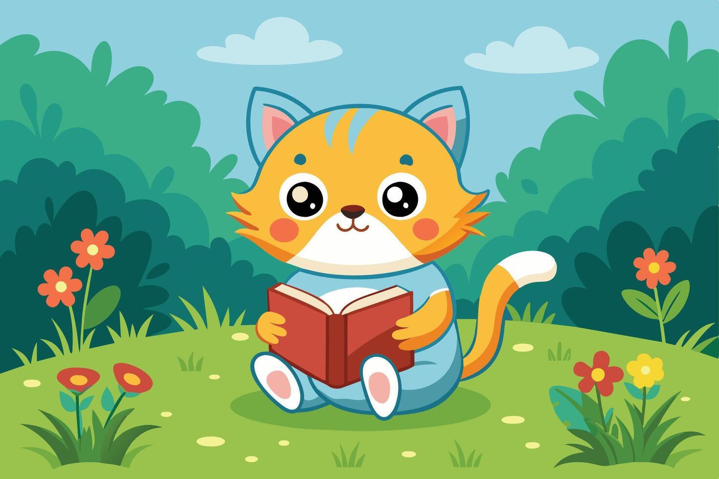 A cheerful cartoon cat reading a book in a vibrant green meadow under a clear blue sky, surrounded by flowers and bushes vector