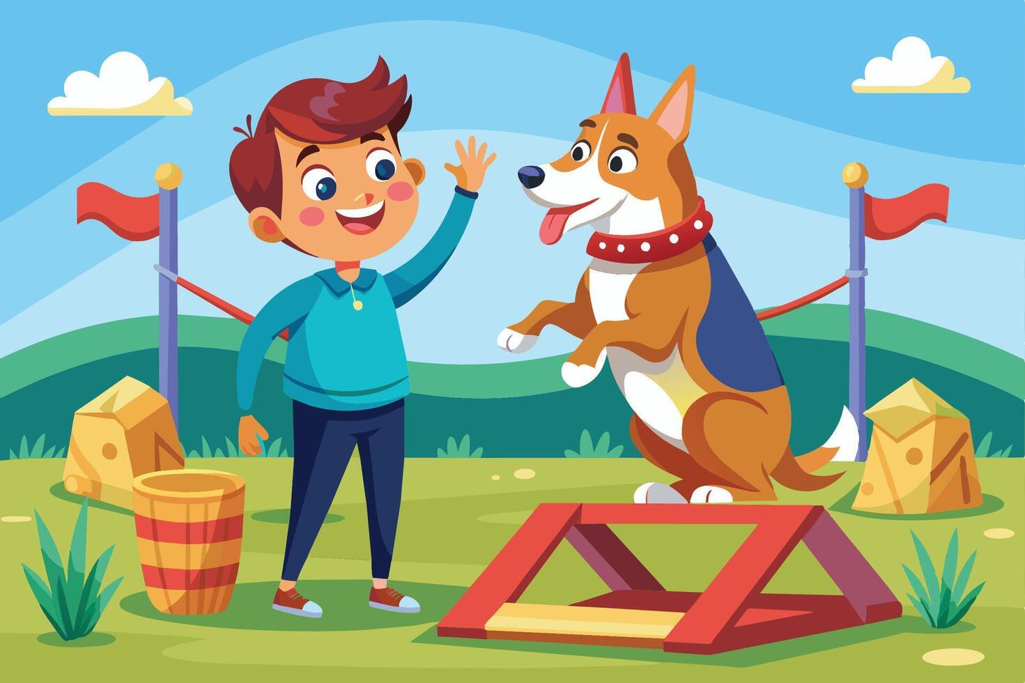 A boy interacts happily with his dog in a cheerful park setting during a sunny day, showcasing a strong bond between them vector