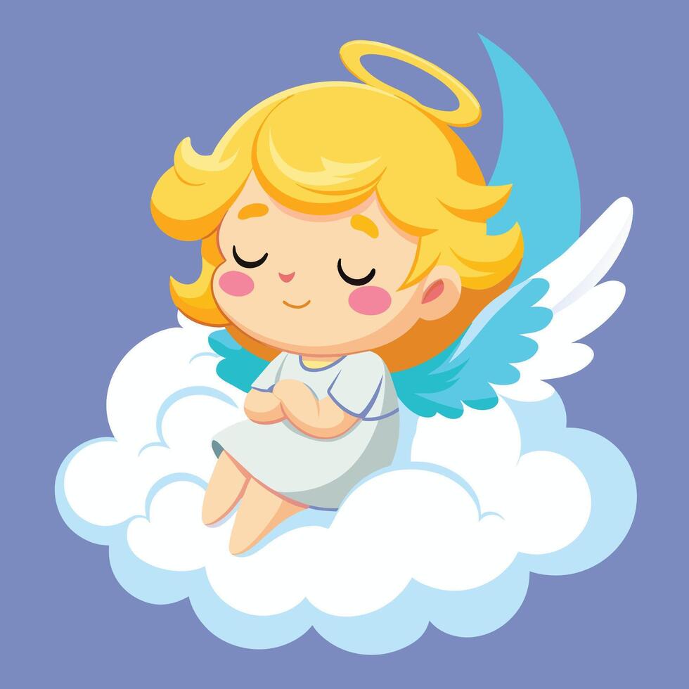Cute angelic child with blonde hair resting on a cloud, wearing a green dress and surrounded by blue sky and fluffy white clouds vector