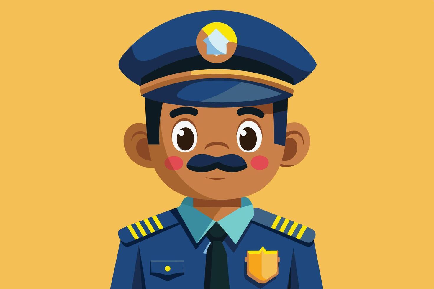 Friendly cartoon police officer smiling with a blue uniform, badge, and hat against a simple background vector
