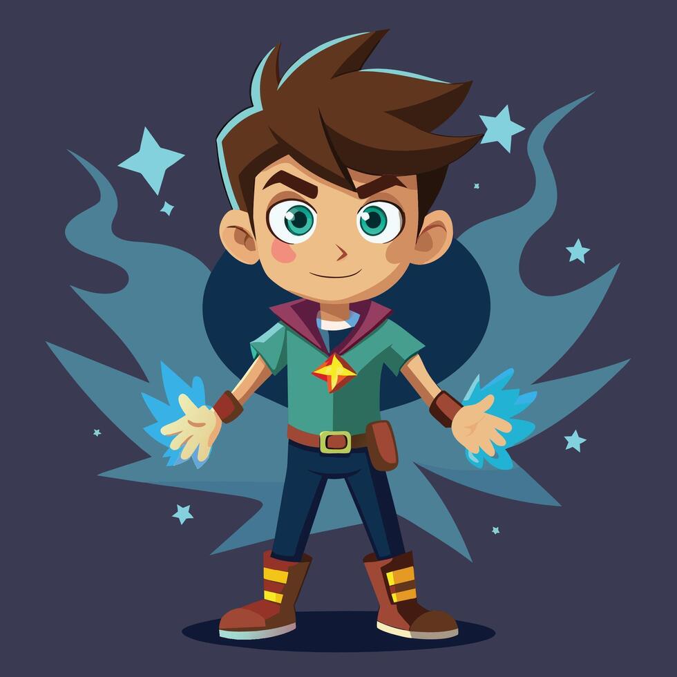 Energetic cartoon character wielding electric powers in a vibrant blue setting, showcasing confidence and enthusiasm vector
