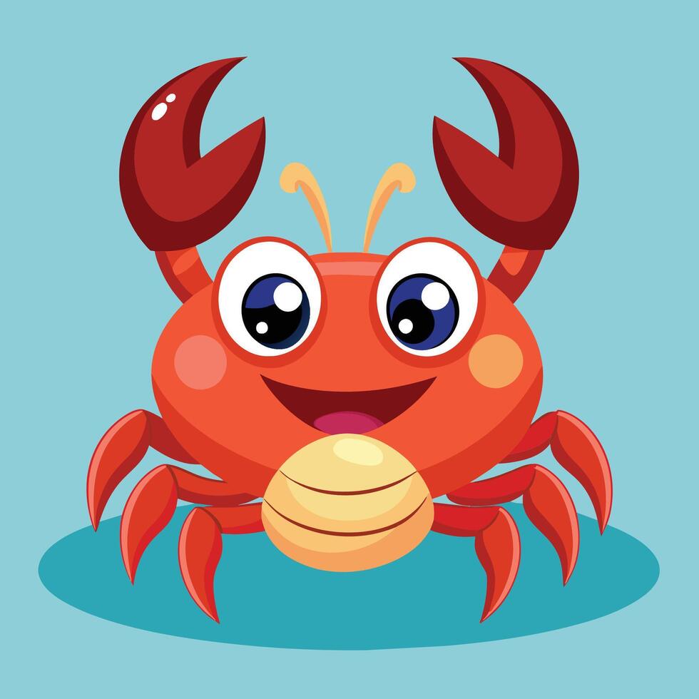 A cheerful cartoon crab with big eyes and vibrant red claws poses against a bright turquoise background vector