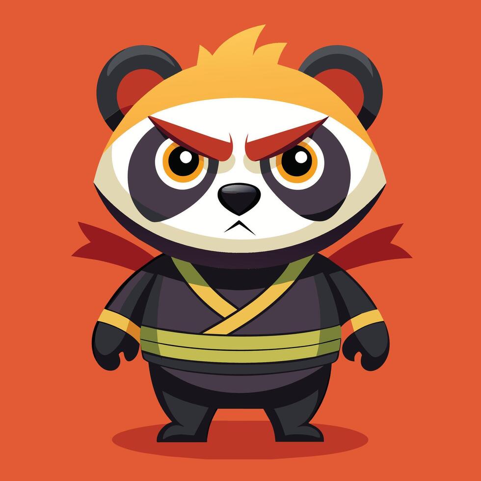 A warrior panda cartoon stands confidently against a bright turquoise background, showcasing colorful costumes and a fierce look vector