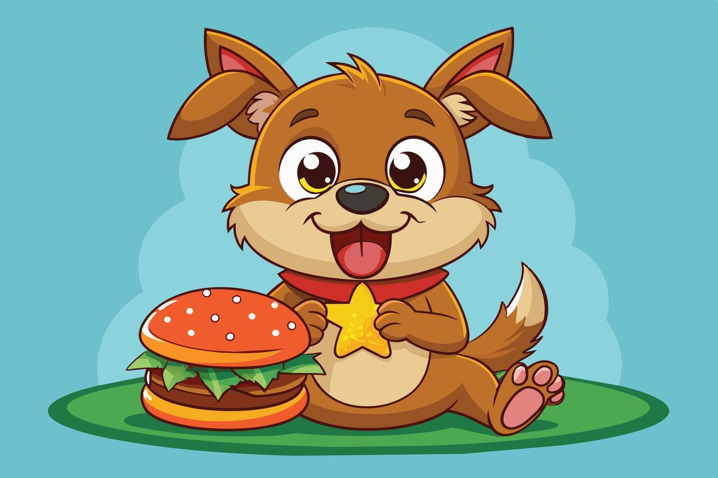A cheerful cartoon dog sitting with a big hamburger against a bright blue background, enjoying its meal vector