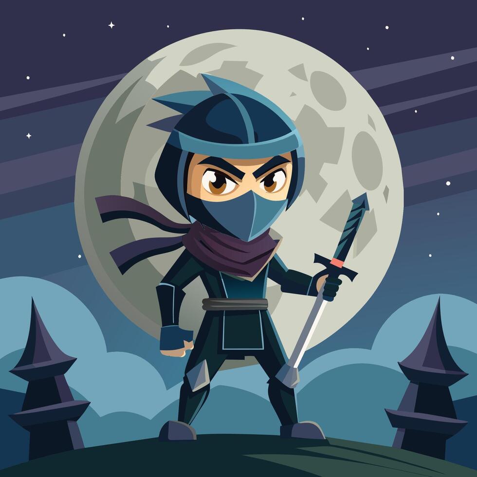 A skilled ninja preparing for action under a full moon, showcasing agility and determination in a stylized urban landscape vector