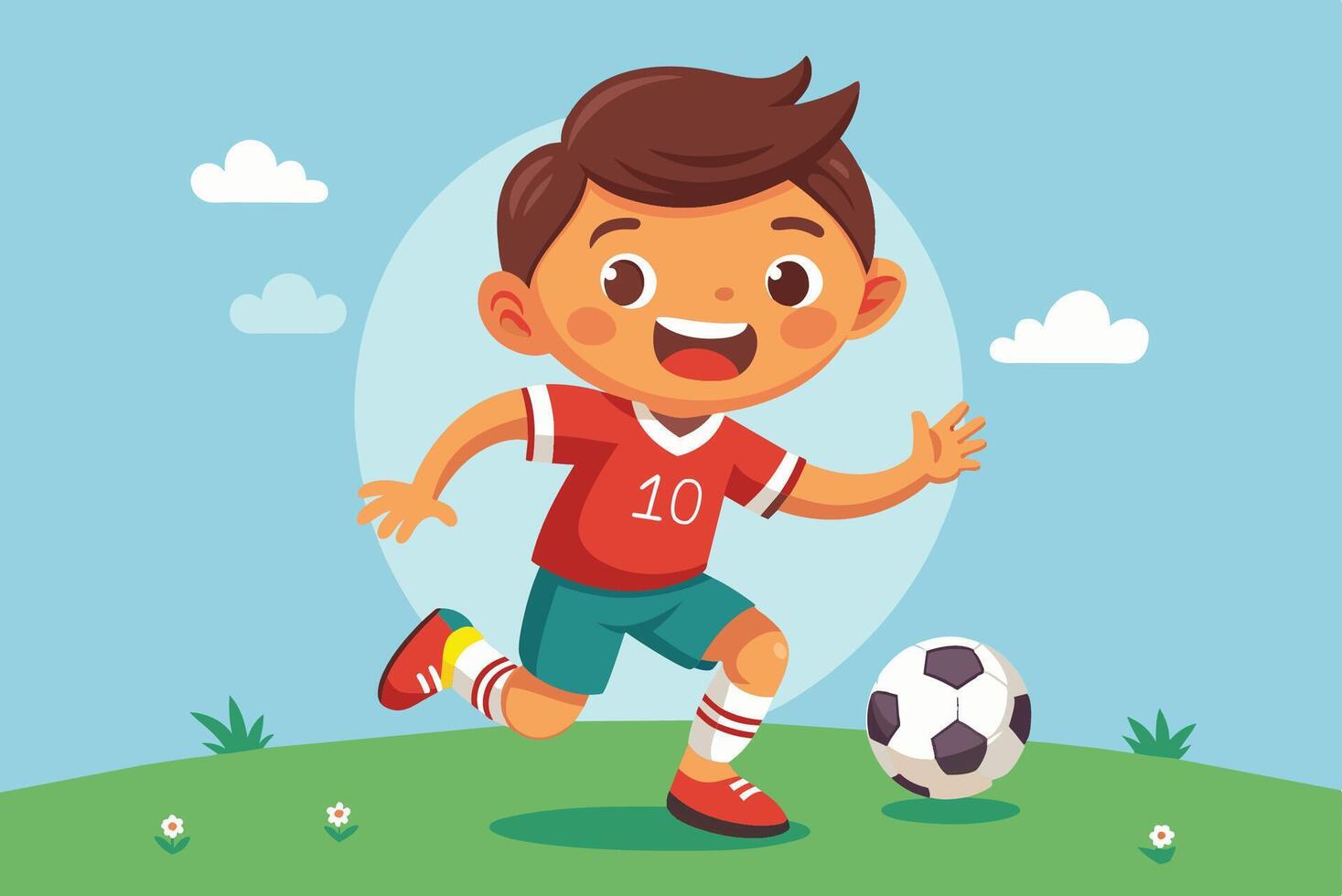 A cartoon boy playing soccer on a field vector