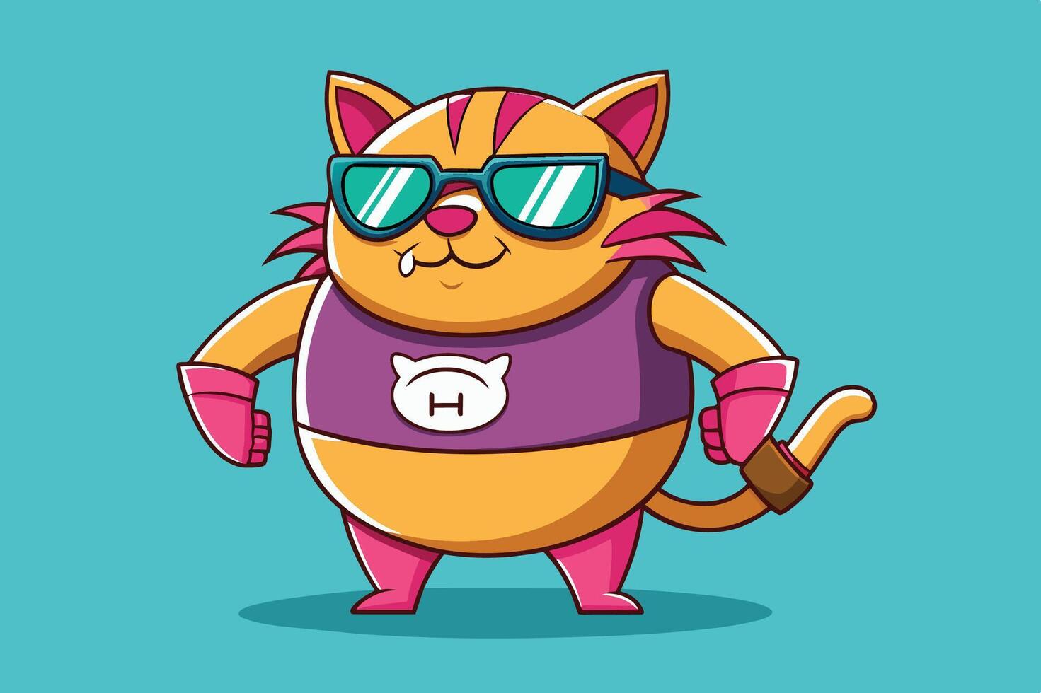 A confident cartoon cat in sunglasses and gloves strikes a pose against a vibrant blue background, showcasing a fun and playful personality vector