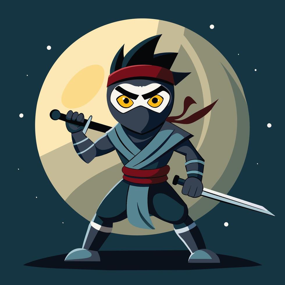 A ninja warrior stands poised with a sword under a glowing moon in a serene forest landscape during the night vector
