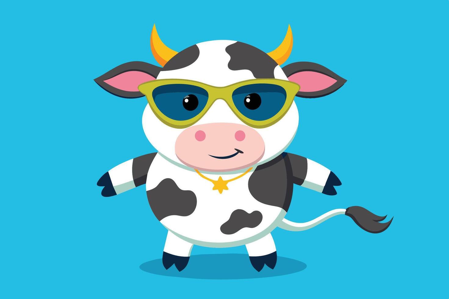 A cheerful cartoon cow wearing sunglasses and a gold necklace against a bright blue background symbolizes fun and playfulness vector