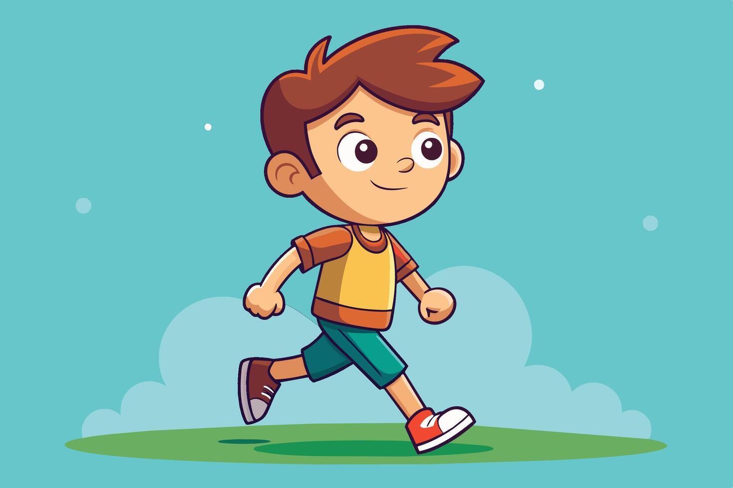 A cheerful cartoon boy happily walking on a sunny day in a vibrant, animated landscape with a clear blue sky vector