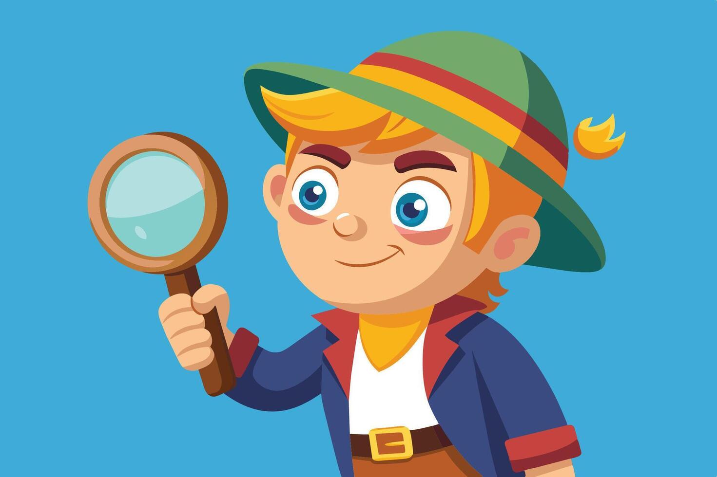 A cheerful cartoon character with a magnifying glass exploring a bright yellow background during a playful adventure in a fun, colorful setting vector