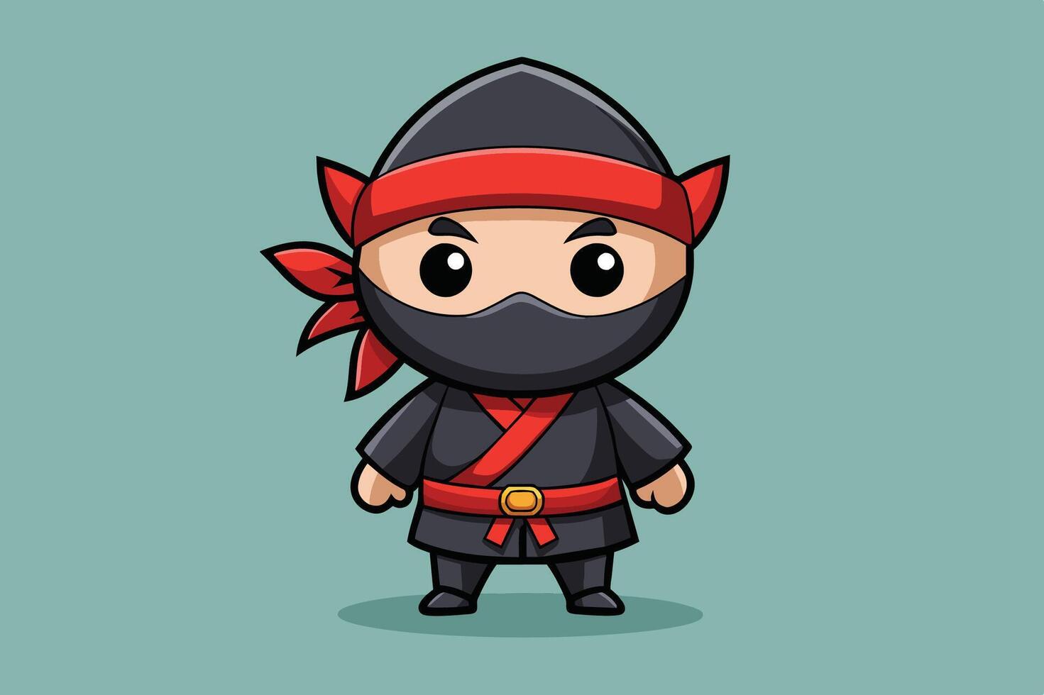 Cute cartoon ninja character in a black outfit with red accents stands confidently against a bright blue background vector