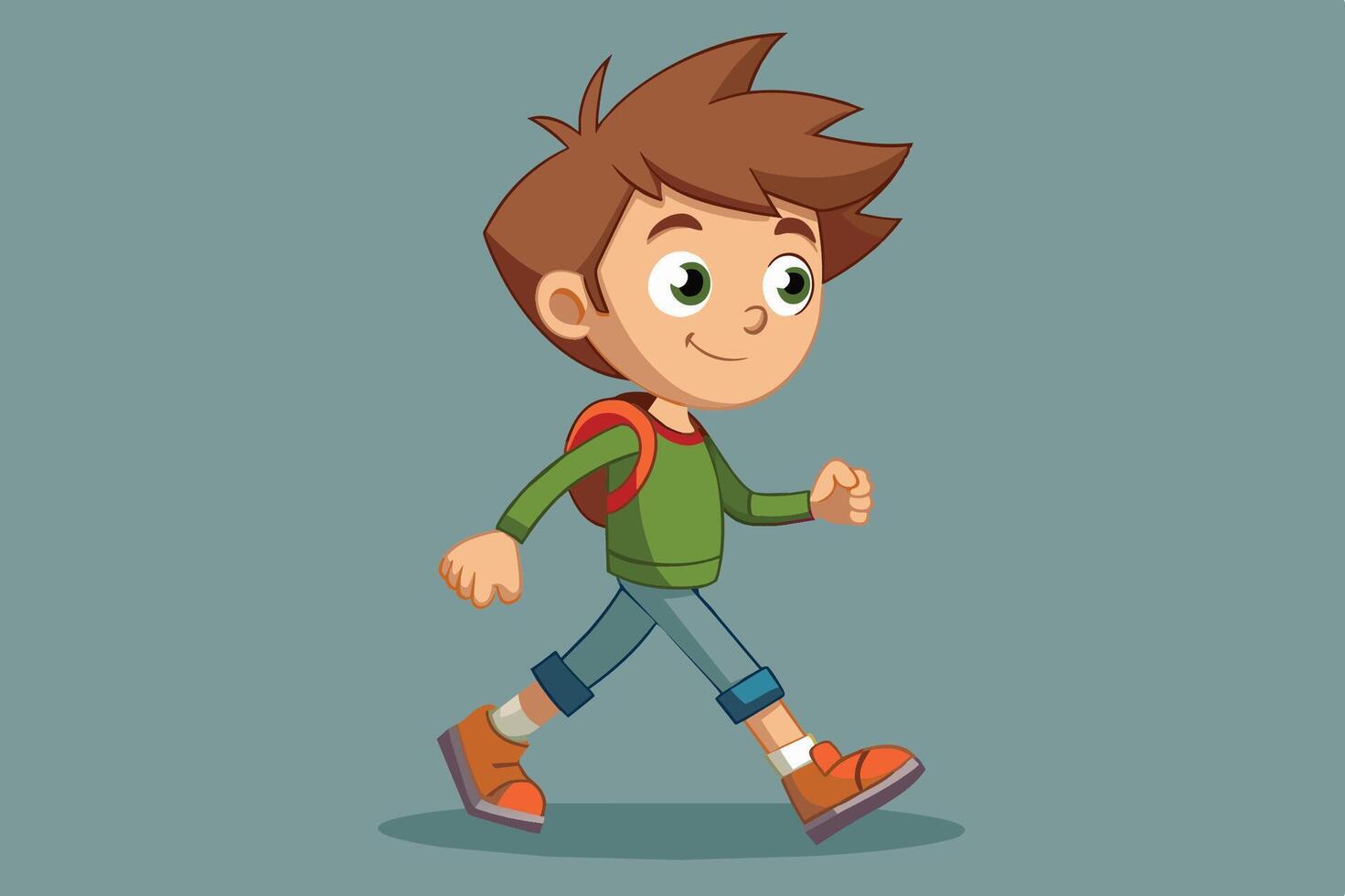 A cheerful cartoon boy with a backpack walks happily on a green background, showcasing playful energy in a sunny outdoor atmosphere vector