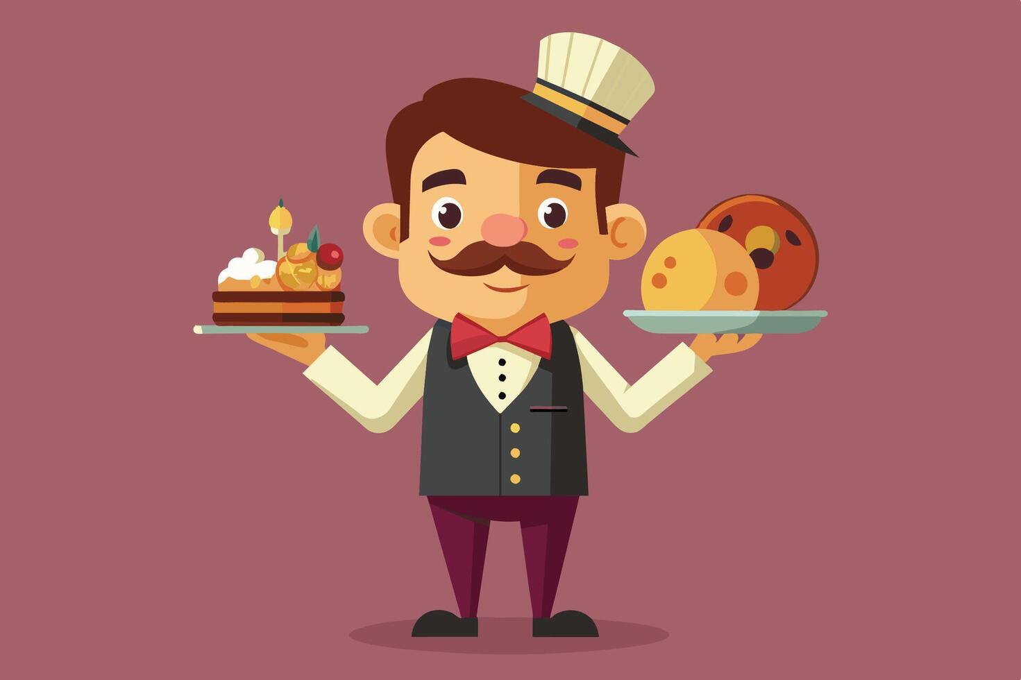 A cartoon waiter serving a dessert and fruit with a stylish outfit in a warm, inviting restaurant setting vector