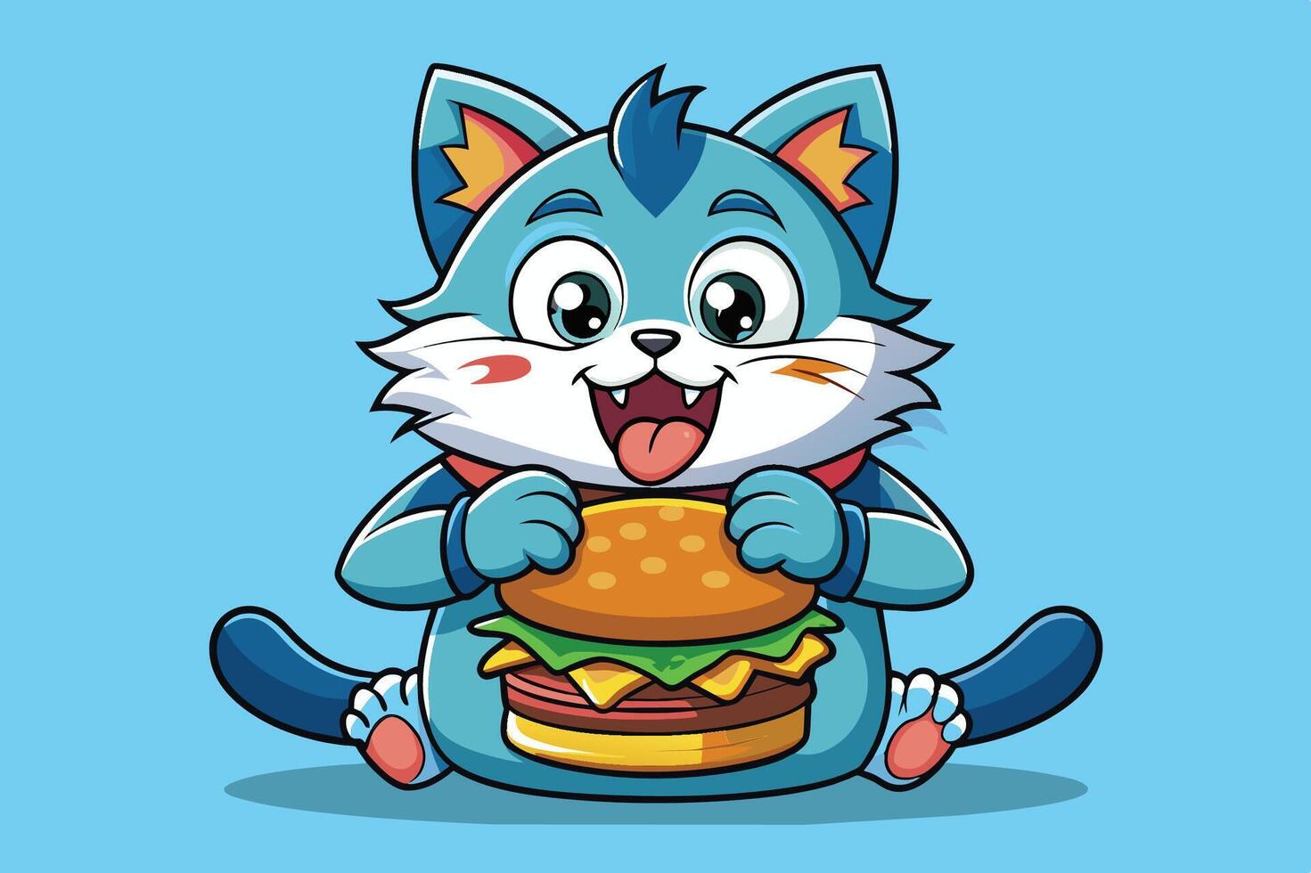 A playful cartoon cat happily enjoys a large burger while sitting on a vibrant green background during a cheerful day vector