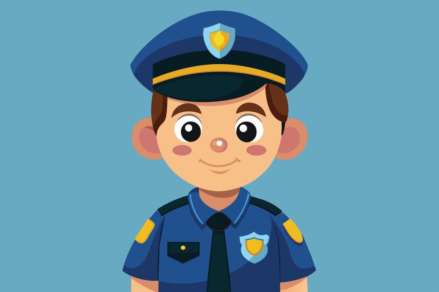 A cheerful cartoon cop in a blue uniform stands on a light blue background, promoting safety and community service vector
