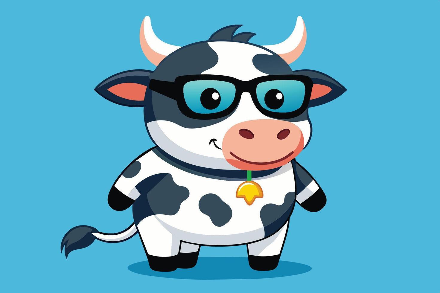 A cute cartoon cow with glasses and a bell on a blue background, exuding a playful and friendly vibe for kids' content vector