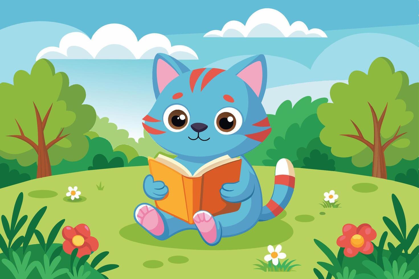 A cute blue cat reading a book in a vibrant forest with colorful flowers and trees under a bright sky during a sunny day vector