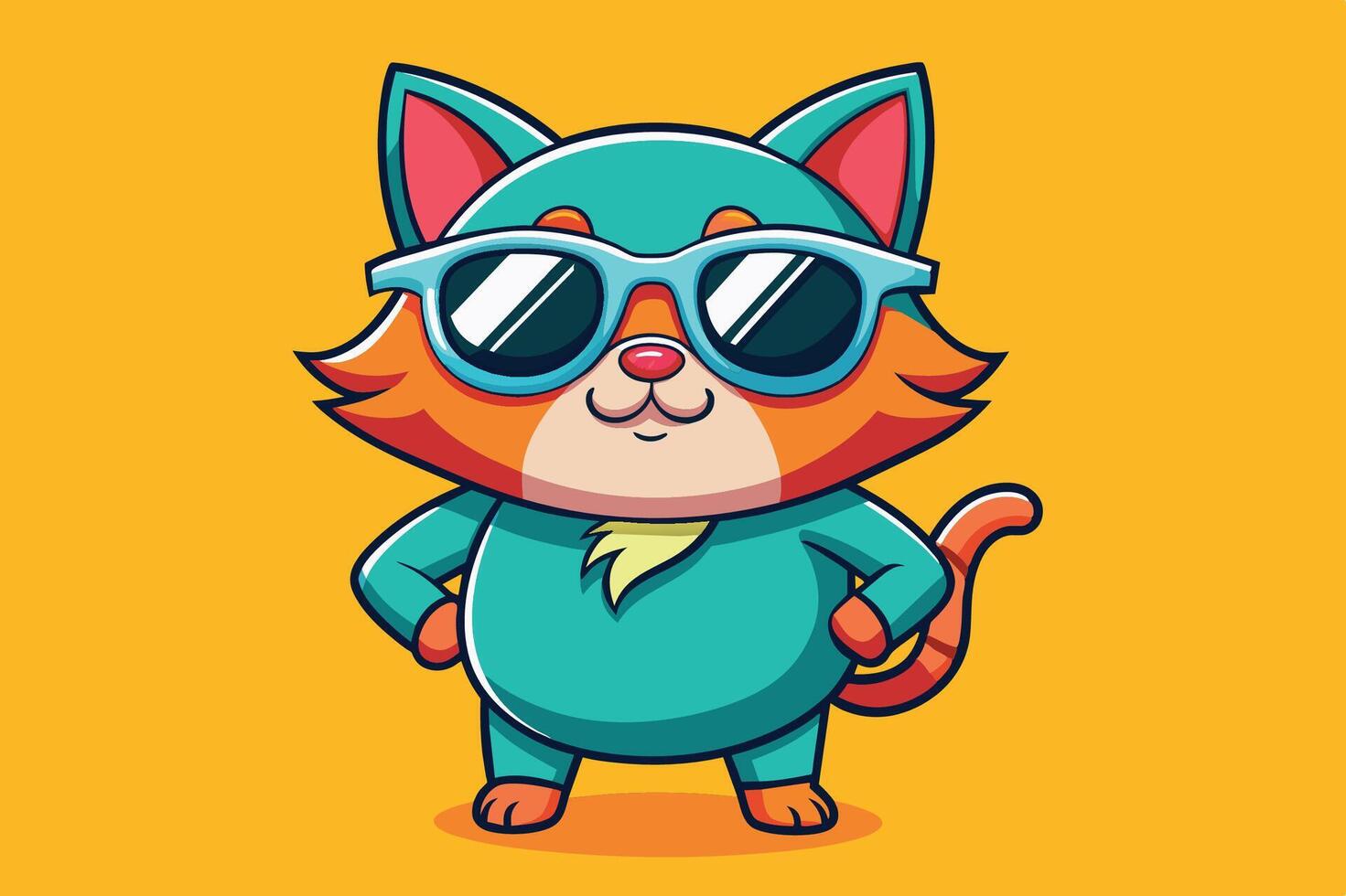 A cool cartoon cat wearing sunglasses and striking a confident pose against a bright yellow background vector