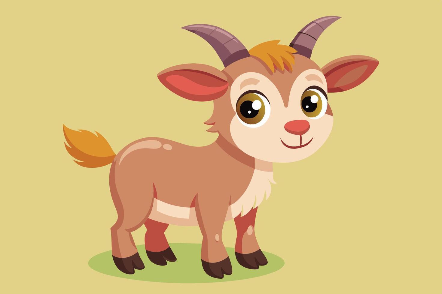 Cute cartoon goat character standing on a yellow background, featuring horns and a flower design, perfect for children's illustrations vector