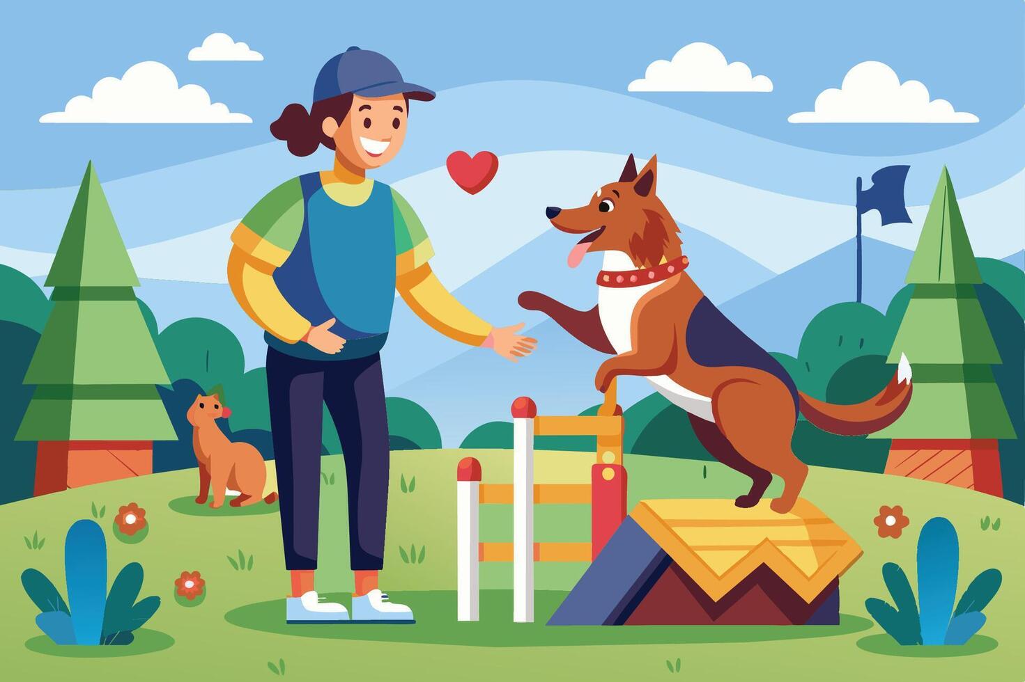 A young boy waves joyfully at his enthusiastic dog near a colorful agility course in a sunny outdoor park setting vector