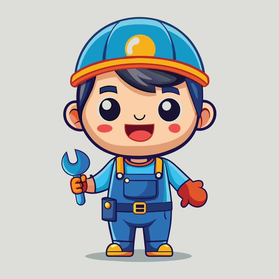 Cartoon character of a worker holding a wrench vector