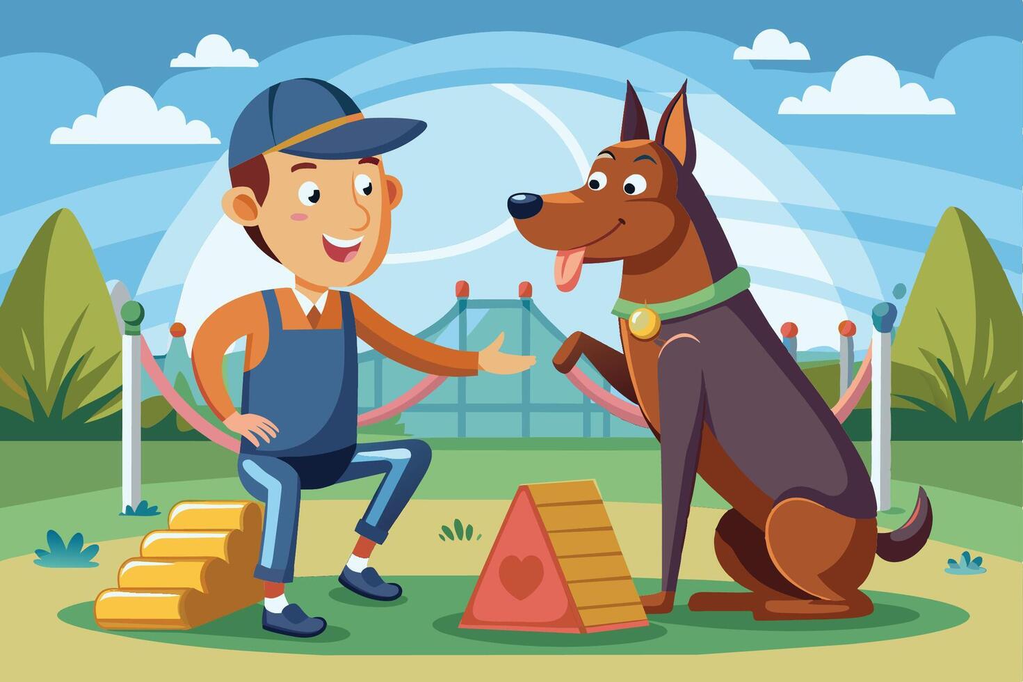 A cheerful boy interacts with a jumping dog in a vibrant park during a sunny day, showcasing an energetic and playful training session vector